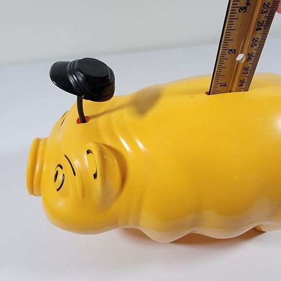 Vintage Yellow Hard Plastic Hat Tipping Piggy Bank No Bottom Stopper - Picture 6 of 9